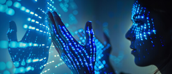 hand of a woman in a cyberspace environment surrounded by binary code in her hand - concept of the future with artificial intelligence