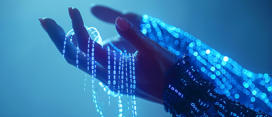 Wall Mural - hand of a woman in a cyberspace environment surrounded by binary code in her hand - concept of the future with artificial intelligence