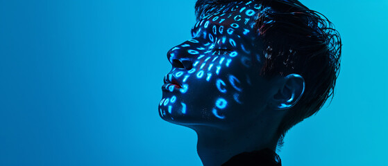 man in a cyberspace environment with binary code on her face - concept of the future with artificial intelligence