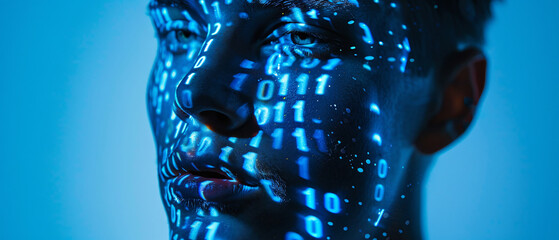 man in a cyberspace environment with binary code on her face - concept of the future with artificial intelligence