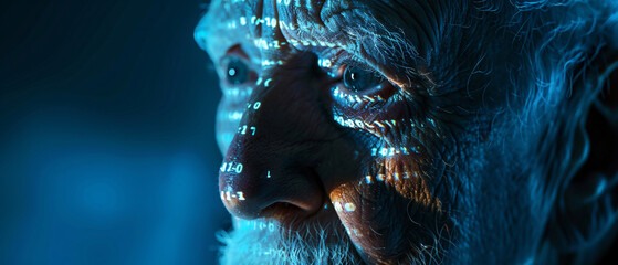old man in a cyberspace environment with binary code on her face - concept of the future with artificial intelligence