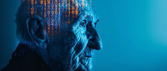 old man in a cyberspace environment with binary code on her face - concept of the future with artificial intelligence