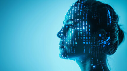 Woman in a cyberspace environment with binary code on her face - concept of the future with artificial intelligence