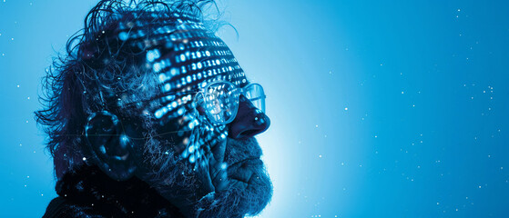 old man in a cyberspace environment with binary code on her face - concept of the future with artificial intelligence