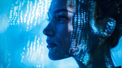 Woman in a cyberspace environment with binary code on her face - concept of the future with artificial intelligence