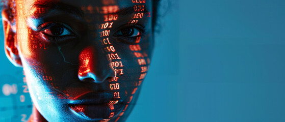 Woman in a cyberspace environment with binary code on her face - concept of the future with artificial intelligence