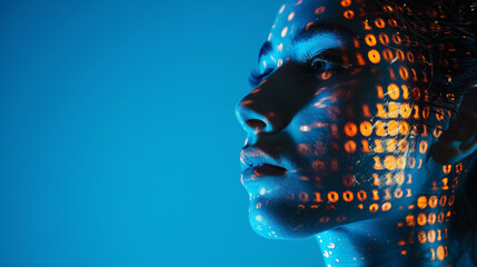 Woman in a cyberspace environment with binary code on her face - concept of the future with artificial intelligence