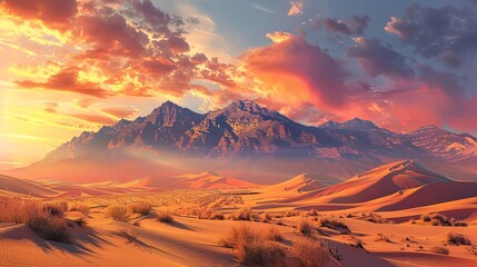 Amazing photography of a beautiful sunset in the desert with a mountain range in the background.