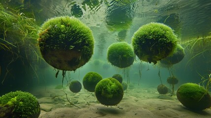 Wall Mural - a deep dive into the lake reveals a hidden world of moss balls each one unique and full of life.