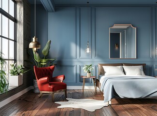Wall Mural - Modern interior of a large bedroom with a wooden floor, blue wall and gray paneling, 