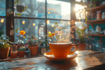 Sticker - A cup of steaming coffee in a cozy cafe. Concept of warmth and morning rituals. Generative Ai.