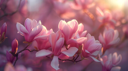 Wall Mural - a close-up view of several pink magnolia flowers in bloom. The flowers are the central focus, with a soft-focus background that enhances their delicate appearance