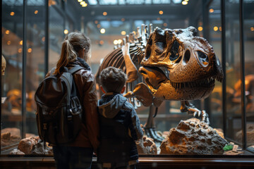 Sticker - A family visiting a natural history museum. Concept of education and cultural enrichment. Generative Ai.