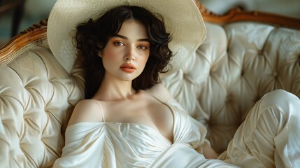 a beautiful vintage woman with black hair and hat in a art deco interior