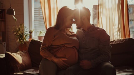 Wall Mural - Young pregnant woman having romantic moments with her husband at home. a loving family