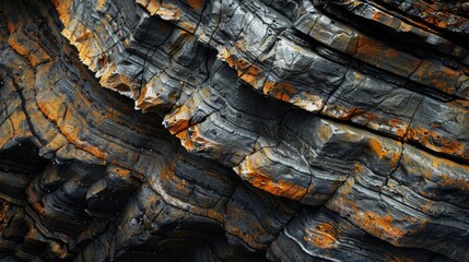 Close-up image showing the detailed texture of a rock formation with black and golden hues intermingling