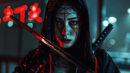 Warrior woman cyberpunk style mysterious hood pose sword cybernetic Background wallpaper AI generated image