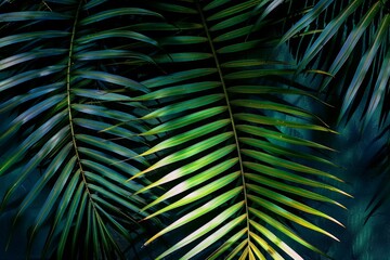 Canvas Print - dramatic, high-resolution image of a tropical palm leaf casting abstract shadows on a lush green bac