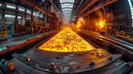 Wall Mural - Hot molten steel flows through the mill, depicting the powerful industrial steelmaking process