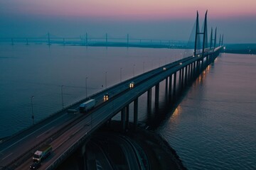 Wall Mural - Aerial view of the Channel Bridge, as cars cross at sunset