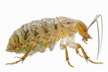 a booklice with a small, pale body and long antennae, detailed texture on its exoskeleton isolated o