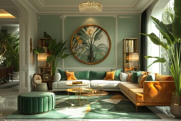 Wall Mural - Hollywood Regency-style living room with glamorous accents and luxe fabrics