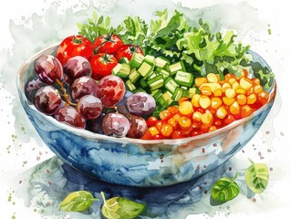 Vibrant watercolor painting of a bowl of fresh vegetables and fruit