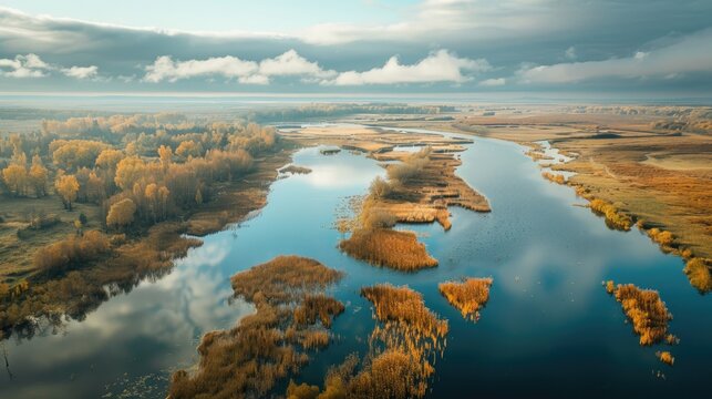 Autumn aerial view of river valley with reeds on riverbanks under a cloudy sky