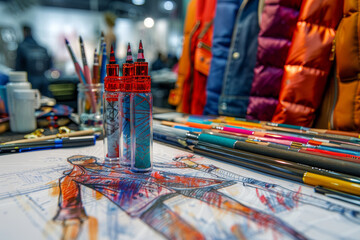 Wall Mural - a series of fashion sketches laid out on a table, capturing the design process. concept of fashion c