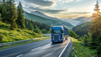 A sleek blue cargo truck driving through a picturesque mountainous landscape with winding roads surrounded by lush green forests and sunlit peaks