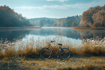 Wall Mural - A cyclist resting by a lake, enjoying a moment of tranquility. Concept of balance between exercise and relaxation. Generative Ai.