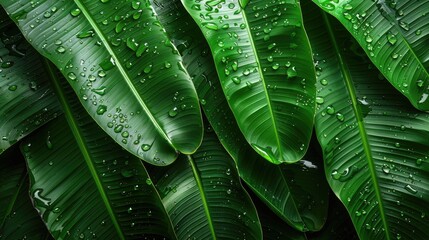 Wall Mural - Close up image of green banana leaves with raindrops perfect for a rainy season backdrop