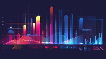 Poster - Abstract colorful data graph with neon lights for technology and business presentations