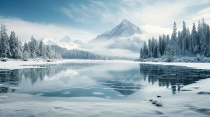 Wall Mural - frozen lake with pine tree landscape