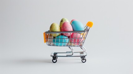 Wall Mural - Easter eggs in a tiny shopping cart against a white backdrop