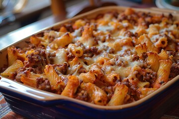 Wall Mural - A casserole dish filled with savory pasta and meat, creating a hearty and satisfying meal