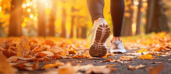 Woman feet in running shoes on autumn park, closeup view. Girl runner walking through forest at sunset.