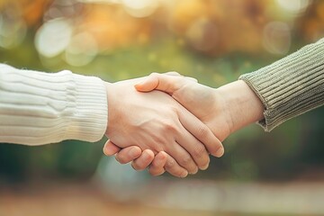 Wall Mural - A closeup image of two hands clasped together in a handshake symbolizing agreement and compromise between a parent and a teenager