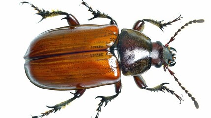 Wall Mural - Glossy brown beetle stands with its legs spread out against a white backdrop