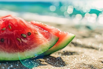 Wall Mural - A closeup of a juicy watermelon slice ready to be devoured at a beach picnic