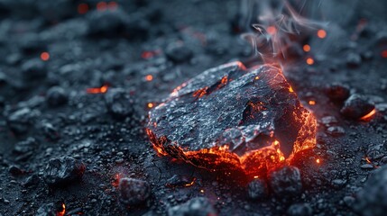 Poster - A closeup of a meteorite fragment lying on the ground the edges still glowing red from its violent impact