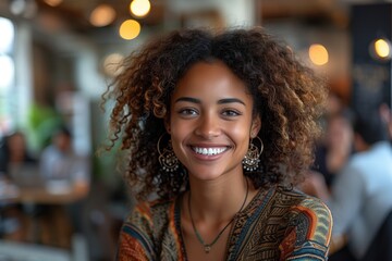 A woman with curly hair smiles while working in a busy office setting with other diverse colleagues