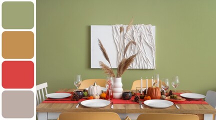 Poster - Autumn table setting in dining room. Different color patterns