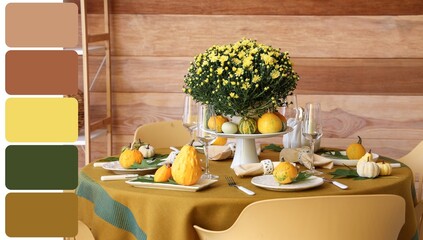 Wall Mural - Autumn table setting with flowers and pumpkins in dining room. Different color patterns
