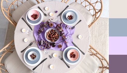 Wall Mural - Autumn table setting with branches, chestnuts and burning candles. Different color patterns