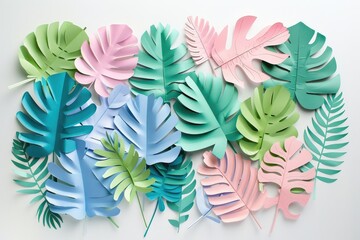 Wall Mural - A set of pastel-colored paper cutouts of tropical leaves on a white background,