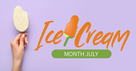 Poster - Woman holding tasty bitten chocolate covered ice cream on lilac background