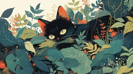 Canvas Print - A charming portrayal of a black cat lounging among a variety of lush plants