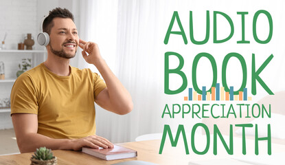 Canvas Print - Man with headphones listening to audiobook at table