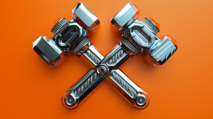 Wall Mural - Chrome hammers crossed on an orange background for construction or diy themed designs